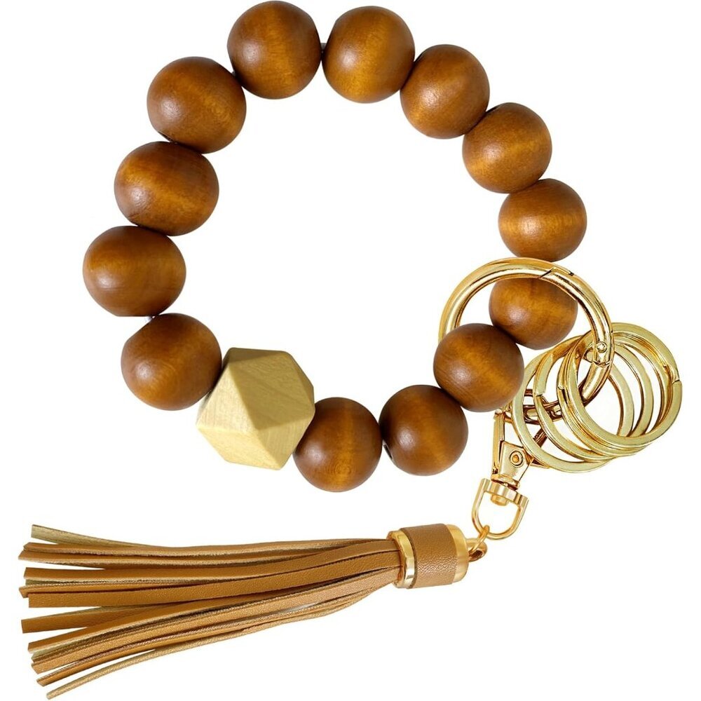 Wristlet Keychain with 4 Key Rings Wooden Beaded Bracelet Key Chain Bangle Key H